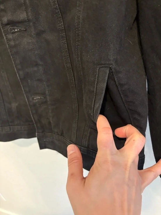 Old Navy Sherpa Lined Black Denim Jacket Mens M Tall Plaid Flannel Trucker Coat - Picture 8 of 12